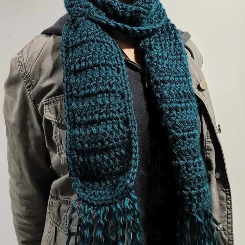 Handmade Teal Chunky Crochet Scarf with Fringe